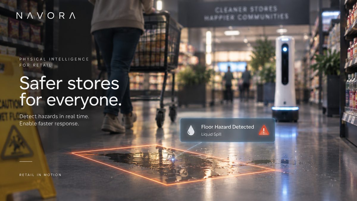 A liquid spill on a store floor flagged as a hazard for faster response.
