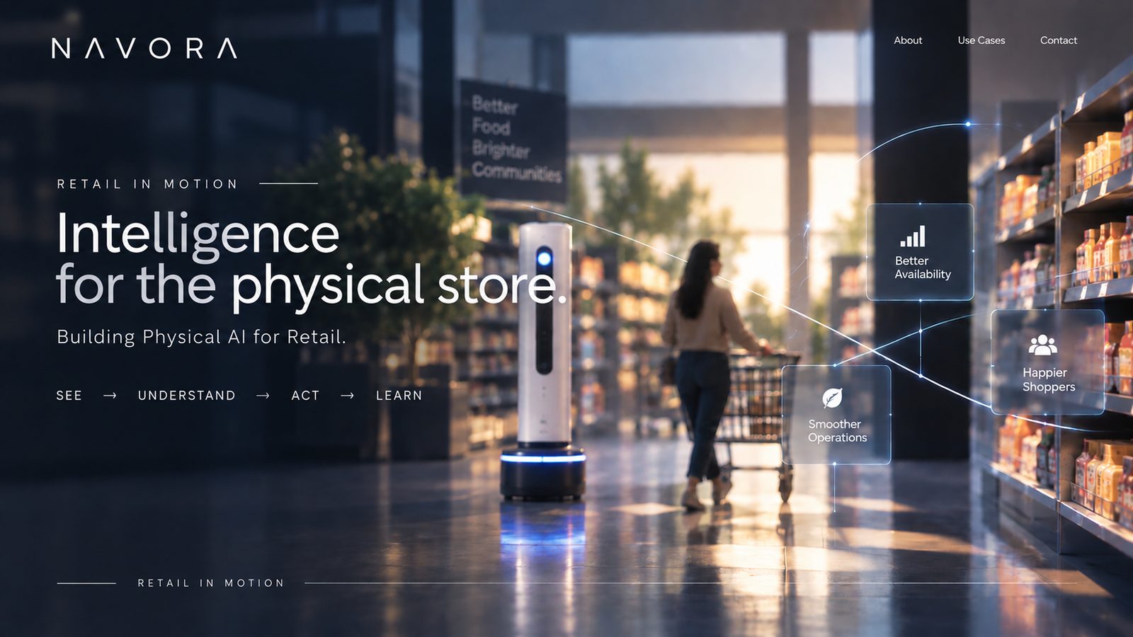 A shopper moves through a modern retail aisle as Navora's physical intelligence quietly observes the store, with a service robot visible in the background.